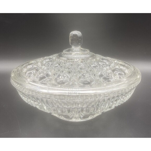 VTG Indiana Glass Clear Windsor Button & Cane Pattern Covered Candy Dish 7.5” - Picture 1 of 6